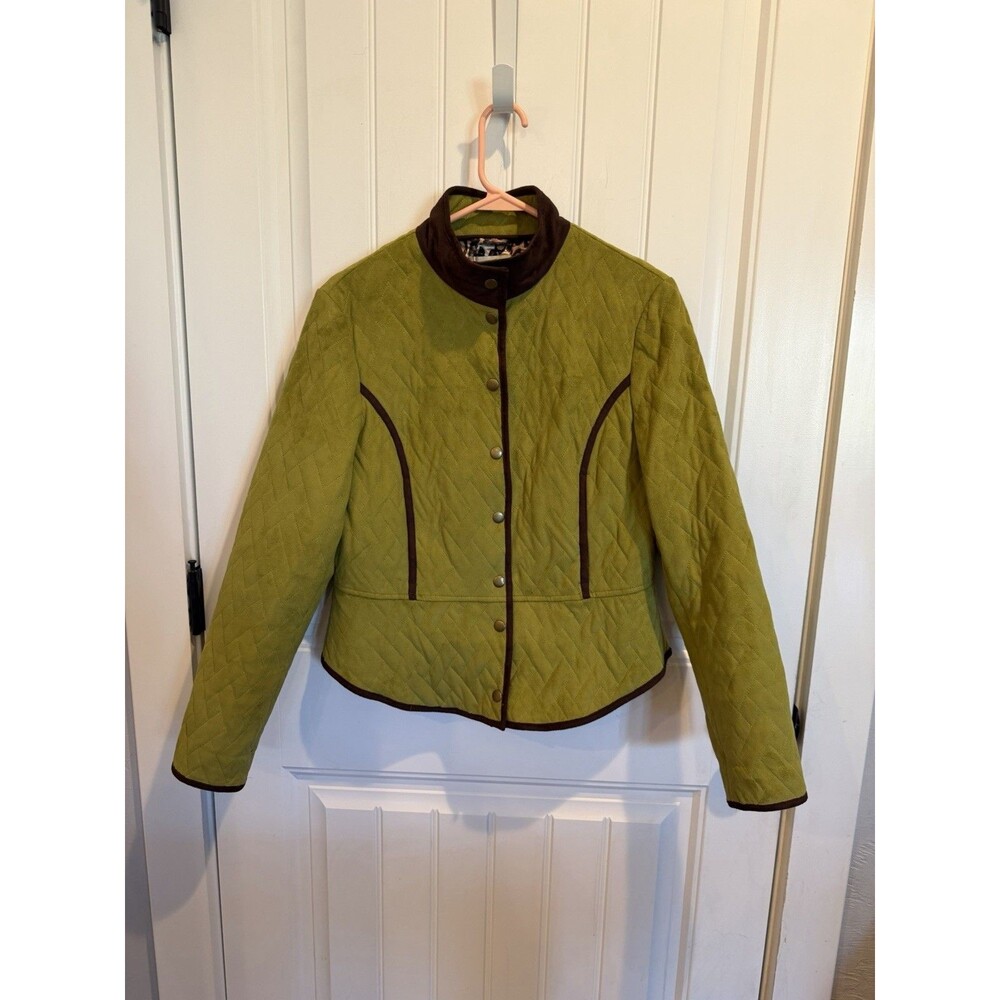 Tasha Polizzi Collection Jacket L Green Quilted Leopard Lined Brown Trim